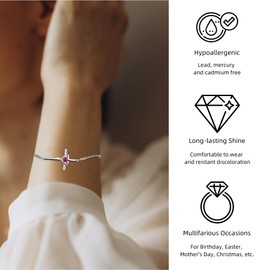 YZSFMZGE Birthstone Bracelet 925 Sterling Silver July Birthstone Bracelets for Women Cross Heart Ruby Adjustable Bracelet Birthstone Jewelry Gifts for Birthday