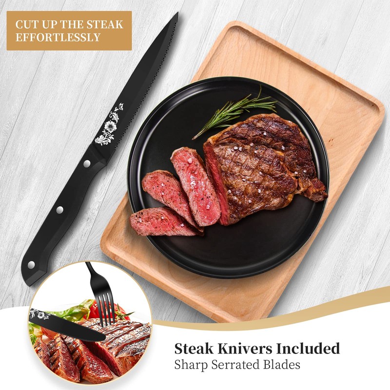 48-Piece Black Silverware Set with Steak Knife, Black Flatware Sets