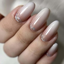 YoYoee Short Almond Press on Nails Gradient Fake Nails Acrylic Glitter False Nails Nude Full Cover Nails Tips for Women and Girls 24Pcs