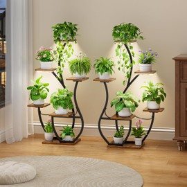 CODACE Plant Stand Indoor with Grow Lights - 2 PCS Indoor Plant Shelf, 6 Tiered Corner Plant Stands for Indoor Plants, Swan-Shaped Plant Holder, Metal Flower Display Rack for Living Room (Black)
