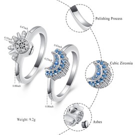 Urn Cremation Jewelry for Ashes - Celestial Sun and Moon Ring Set, Sparkling Sun/Blue Moon/Silver Plating Friendship Promise Rings, Stackable Celestial, Gift for Women/Girls