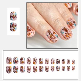 Short Press On Nails Square Fake Nails Nude Pink Nails Press Ons Fall False Nails With Maple Leaves Designs Full Cover Glue On Nails Acrylic Nails Short Stikc On Nails For Women 24Pcs