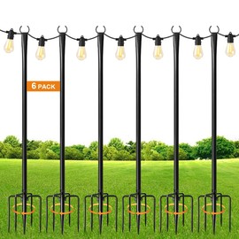 MuliVid 6 Pack 10FT String Light Poles for Outdoor,Metal Lights Hanging Pole Outside with Fork,Light Stand for Patio, Pergola, Garden, Backyard, Yard, Camping Party