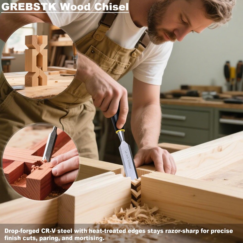 GREBSTK 4PCS Wood Chisel Set, Chrome Vanadium Steel Beveled Blades,