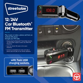 Streetwize SWBLUE5 Bluetooth/FM Transmitter - In-car Audio Adapter with USB Charging Port, FM & Music Play, Car Audio Accessory