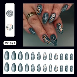 24Pcs Summer Press on Nails Almond Short Fake Nails 3D Water Ripples Cute Fish Design Elegant Shine Artificial False Nails Full Cover Stick on Nails for Women Dark Color Acrylic Nails Set
