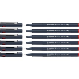 Schneider Pictus Fineliner (Line Width 0.05 mm, Indelible Pigment Liner, Metal-Encased Tip, 85% Recycled Plastic Casing) Pack of 6, Red