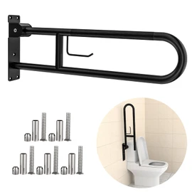 Toilet Grab Bar 30.3 Inch, YuanDe Flip Up Grab Bar with Paper Holder,Matte Black Anti-Slip Safety Bars for Toilet, Stainless Steel Knurled Toilet Handles for Seniors Disabled Elderly Pregnant