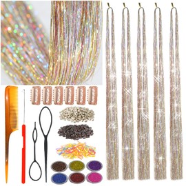 CelineBella Hair Tinsel Kit with Tools Galaxy Glitter Tinsel Hair Extensions Heat Resistant Highlights Sparkling Fairy Hair for Kids Women Girls(48 Inch Pack of 5Pcs, Galaxy)