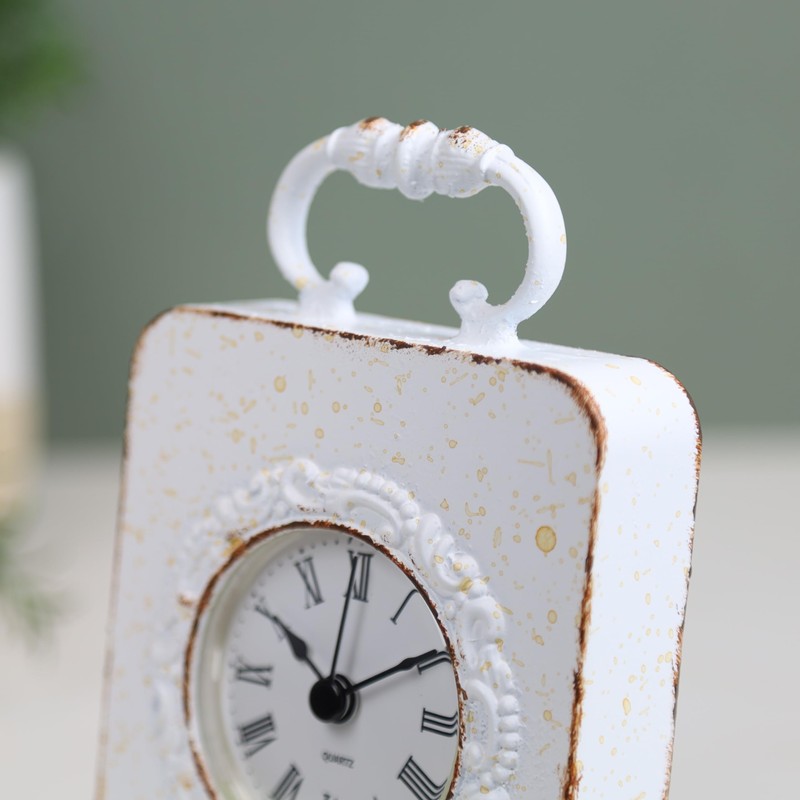 Fyne-Finds 17cm Antique Metal White Carriage Table Mantle Roman Clock