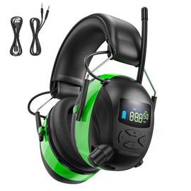 2025 AM/FM Radio Ear Protection Headphones with Backlit Digital Display, 120H Working Time, Rechargeable Hearing Protector, 30dB Noise Reduction Safety Earmuffs for Mowing, Construction, Work, Green