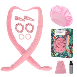 Gwabee Hair Curlers to Sleep In, No Heat Curling Headband, Soft Overnight Curls Headband with Satin Bonnet, Non Heat Hair Curler Rollers Wrap Set for Women Girl Long Hair, 10 PCS with Gift Box -Pink