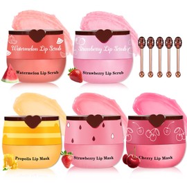 QIUFSSE 5PCS Lip Scrub and Mask Set,Cherry Strawberry and Honey Pot Lip Balm,2PCS Lip Exfoliator Scrub and Moisturizer,Clean and Repair,Reduce Fine Lines,Natural Ingredients,Cruelty Free