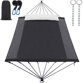 GAFETE 14ft Two Person Outdoor Hammock, Portable Camping with Folding Steel Spreader Bar, Carrying Bag, Carabiners, Tree Straps, Pillow & Sidebag, Quick Dry Textilene, 550 lbs Capacity (Volcano Grey)