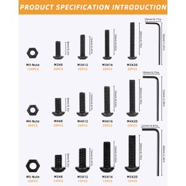 520 pieces, M3 M4 M5 screws and nuts assortment set, screws black, screws nuts set, 3 small wrenches