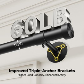 Heavy Duty Curtain Rod 32-120 Inch, 1 Inch Adjustable Black Curtain Rods for Windows, Long Window Treatment Rods with Aluminium Finials, Easy Installation