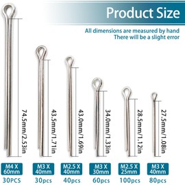 340Pcs 6 Size Cotter Pin Assortment Kit 304 Stainless Split Pin Fastner Clip for Automotive Mechanics Power Equipment Lawn Mowers Trucks Tractors Engine Repair