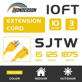 HONDERSON Indoor Outdoor Extension Cord Weatherproof, UL Certified, 10 Gauge 10FT Yellow 3 Prong Heavy Duty, 10/3 SJTW 15A Power Cord for Outdoor Lights, Appliances, Lawn