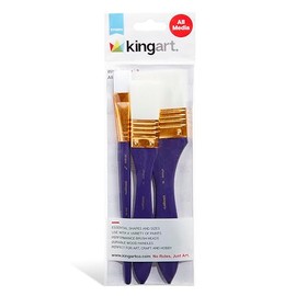 KINGART 225-3A Large Flat 3 Pc. Brush Set for Art, Craft & Hobby, 3/4", 1" & 2" Flat Wash Paintbrushes, White Nylon, Short Handle, Use with Oil, Acrylic & Water-Based Paint