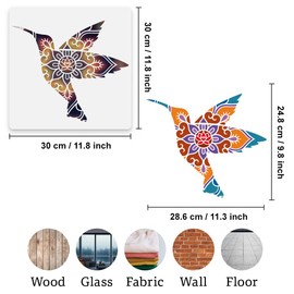 Hummingbird Mandala Wall Stencil Template 30 x 30cm Reusable Plastic Hummingbird Floral Stencil for Painting on Wood Wall Floor Fabric Glass Furniture, Bird DIY Home Decor Or Craft Stencil