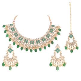 Efulgenz Indian Wedding Bridal Sets Traditional Ethnic Faux Kundan Necklace Crystal Stone Chaandbali Chanderlier Earrings with Maang Tikka Antique Gold Tone Indian Jewelry Sets for Women Fashion