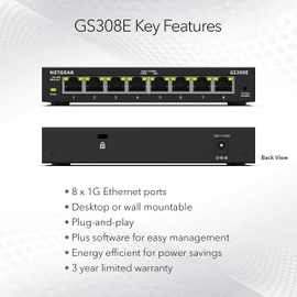 NETGEAR 8-Port Gigabit Ethernet Plus Switch (GS308E) - Desktop or Wall Mount, Home Network Hub, Office Ethernet Splitter, Silent Operation