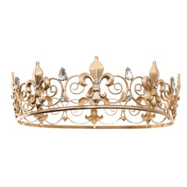 FORSEVEN Full Round King Crown- Metal Rhinestone Crowns and Tiaras for Women and Men Party Prom (HG340 Gold)