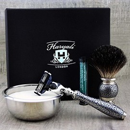 4 Piece Shaving Set For Men Pure Badger Shaving Brush, 3 Edge Razor & Shaving Bowl & Premium Soap INCLUDED FREE ALUMINUM STAND