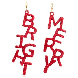 Chic Elegant Sequins Red Sparkly Sequins Merry Christmas Letter Dangle Drop Earrings for Women Statement Xmas Holiday Jewelry Gifts (BRIGHT MERRY)