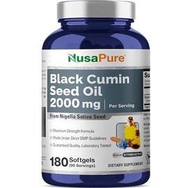 Aceite de semilla negra de 2000 mg por porción, 180 cápsulas de gel suave (sin OMG y sin gluten) prensado en frío, produce aceite de semilla de comino