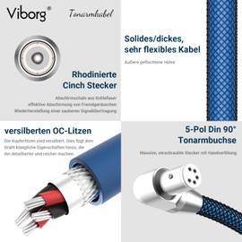 Viborg High End Phono Cable Tonearm Cable, OFC Silver-Plated Conductor, 2 x Rhodium-Plated RCA Male to 5-Pin Gold-Plated Tonearm Socket Straight with Separate Earthing Conductor for Turntable