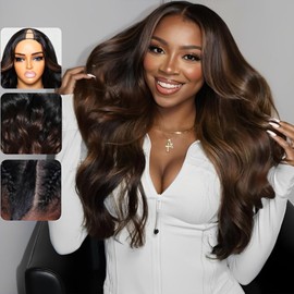 KLAIYI Ombre Brown V Part Wig Body Wave Human Hair Upgrade U Part Wig with Dark Roots Glueless Chestnut Brown Clip in Half Wig No Glue No Leave Out Beginner Wigs for Women Wear and Go Wig 150% 18Inch