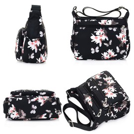 Womens Nylon Floral Shoulder Bag Crossbody Bag Messenger Bags Travel Handbags With Adjustable Strap Waterproof (A flower)