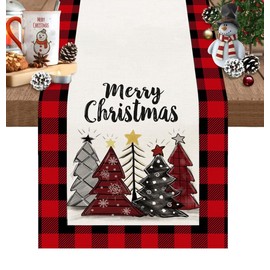 33 x 230 CM Camino de Mesa para Navidad, Mantel de Navidad, Árbol de Navidad, Adornos Navideños de Mesa para Cocina,Comedor, Decoración de Mesa Navidad para Hogar, Interiores Exteriores (Rojo y negro)