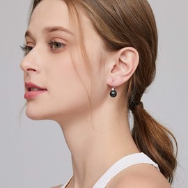 Black Pearl Earrings, Pearl Dangle Earrings Pearl Leverback Earrings Sterling Silver Pearl Earrings for Women Black Pearl Drop Earrings Imitation Pearl Dangle Earrings Black Earrings Women 10MM