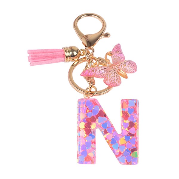 YPYMOD Lnitialen Keyring Tassel Butterfly Sequins Love Letter Keyring, Pink,