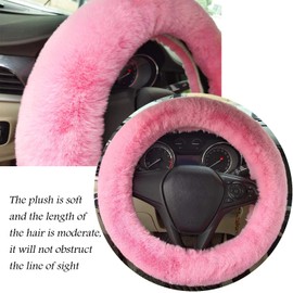 ZYNQACC 4PCS Set Fluffy Steering Wheel Covers with Handbrake Cover&Gear Shift Cover&Plush Keychain Faux Wool Furry Steering Wheel Cover For Women Auto Interior Universal Fit for 15 Inch (Light pink)