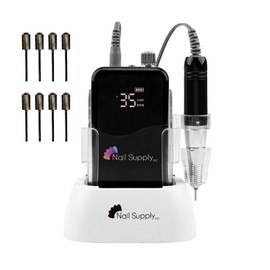 Nail Supply Inc. Pro Series 35K Hybrid E-File, 35000 RPM Professional Electric Nail File, Portable and Rechargeable, Cordless, Adjustable Speed, LCD Display, Black Color, 14 Bits Included