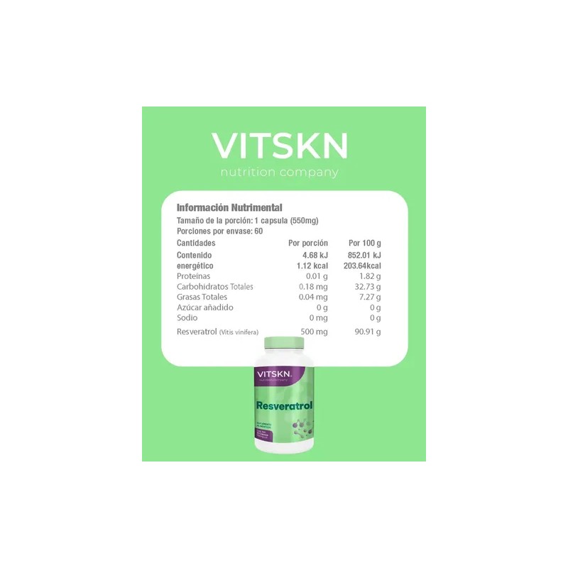 Resveratrol 550mg 60 Cápsulas Skin Vit Vegano Sin Gluten