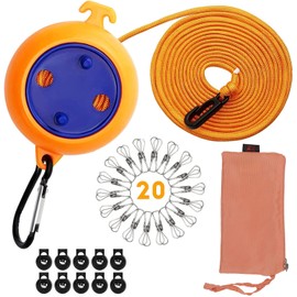 Portable Travel Clothesline Cord, Adjustable 26ft Camping Clothes line, Laundry Drying Rope for Hotel Trip, Camping,Cruise,Outdoor,Indoor, with 10Pcs Stoppers 20Pcs Windproof Clothespins