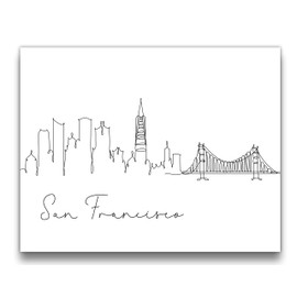San Francisco Skyline Pen and Ink Line Drawing Wall Decor | Black and White 14x11 UNFRAMED Modern Minimalist Print | Northern California Cityscape Wall Art