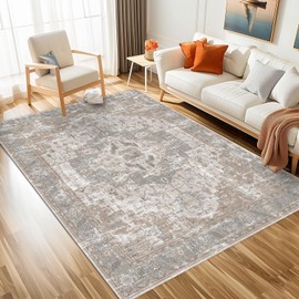 Boho Washable Area Rugs Living Room Vintage Taupe Dusty Blue 3x5 Neutral Modern Non Slip Small Carpet for Nursery Dining Room Bedroom Farmhouse