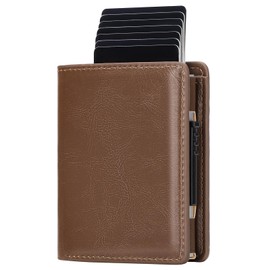 GOIACII Minimalist RFID Blocking Pop Up Card Wallet, Brown, Unisex, Polyurethane, 8-9 Card Capacity, Automatic Card Case Wallet