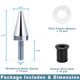 Rolling Gears 10-Piece Aluminum Spike Motorcycle Universal Fit Fairing Bolts Windshield Screws Set, Anodized M5 x 15mm Windscreen Bolts with Washers Rubber Well Nuts Chrome