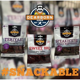 Generic Dearborn Beef Jerky Variety Pack: 3 Terrific Flavors, 3oz Each, Smoky Satisfaction Delivered! Teriyaki, Sweet BBQ, Steakhouse Angus