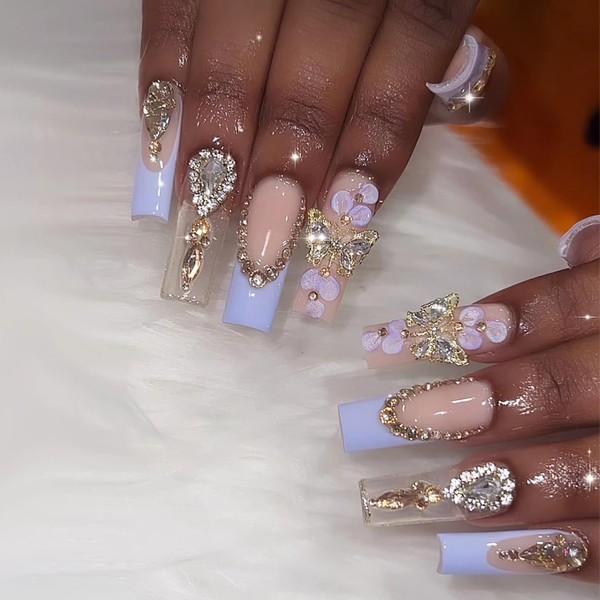 MERVF Long Square Press on Nails Light Purple Ombre French