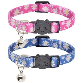 Giecooh Cat Collar, 2 Pack Breakaway Collar with Bells, Safety Buckle Kitten Collars for Boy and Girl Cats, Blue + Pink Flower