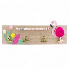 MIJOMA Memo Board: Photo and Note Holder Made of Wood with Flamingo Motif, Mini Pin Board with 4 Photo Clips and Cute Pom Poms, Perfect as a Stylish Wall Decor - Approx. 35 x 9.5 x 3.5 cm
