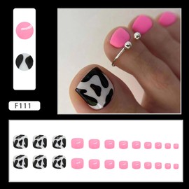Vezocim Artificial Fake Toenails Sets, 24Pcs Pink Press on Toenails with Cow Print Designs, Glossy Full Cover Acrylic False Nails for Toe Press ons Toenails with Charm for Women