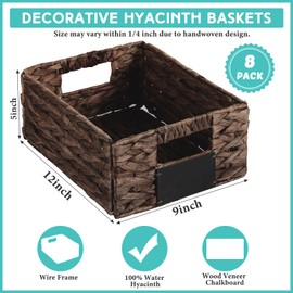 Nitial 8 Pcs 12 x 9 x 5 Inch Wicker Storage Basket, Rectangular Water Hyacinth Storage Baskets for Shelving, Foldable Woven Pantry Organizer with Chalkboard Label and Chalk Marker (Dark Brown)